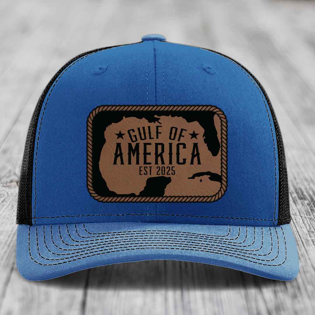 Gulf of America - Leather Patch Hat - Dark Brown to Black Patch - Richardson 112 Snapback Trucker Hat
