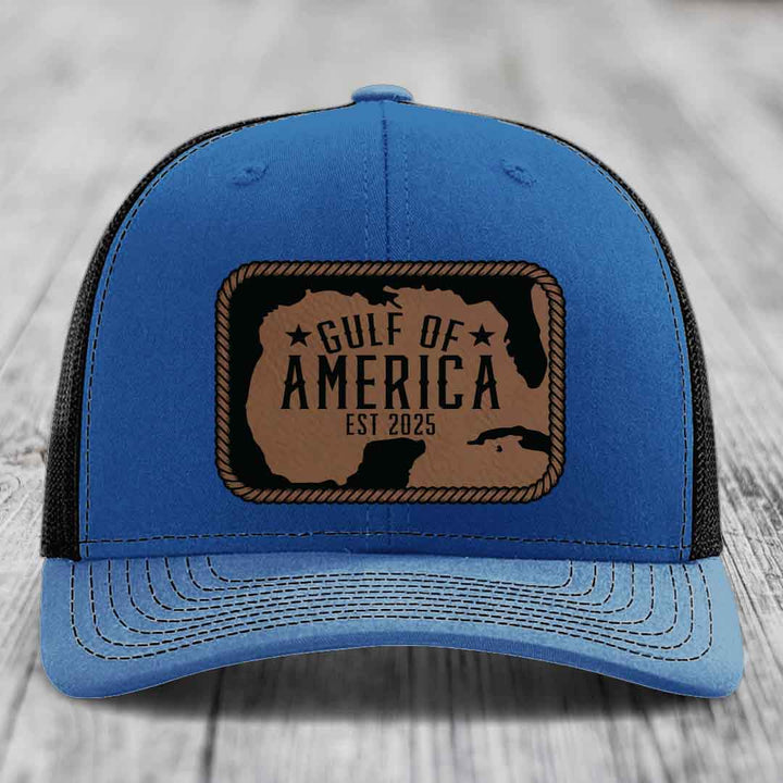 Gulf of America - Leather Patch Hat - Dark Brown to Black Patch - Richardson 112 Snapback Trucker Hat