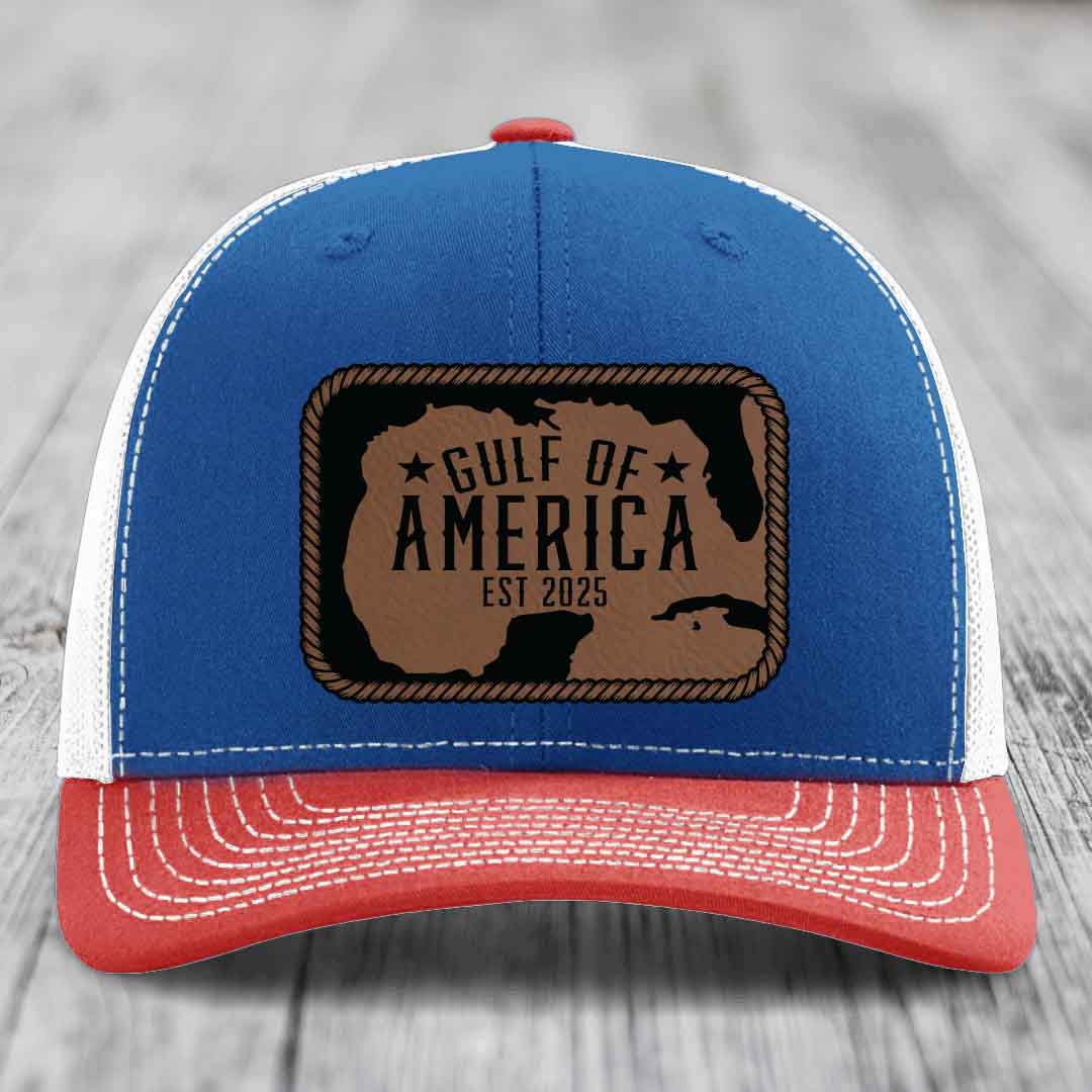 Gulf of America - Leather Patch Hat - Dark Brown to Black Patch - Richardson 112 Snapback Trucker Hat