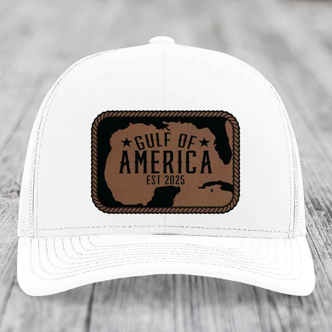 Gulf of America - Leather Patch Hat - Dark Brown to Black Patch - Richardson 112 Snapback Trucker Hat