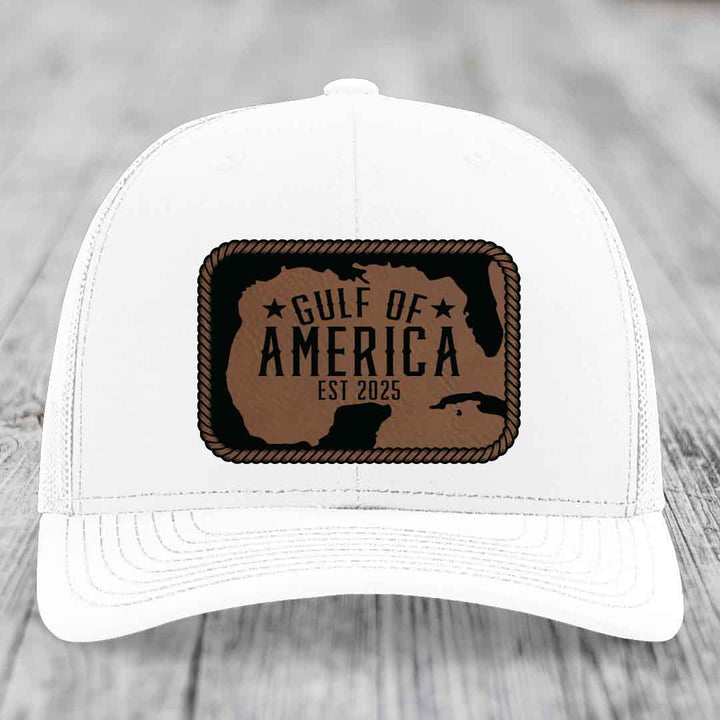 Gulf of America - Leather Patch Hat - Dark Brown to Black Patch - Richardson 112 Snapback Trucker Hat