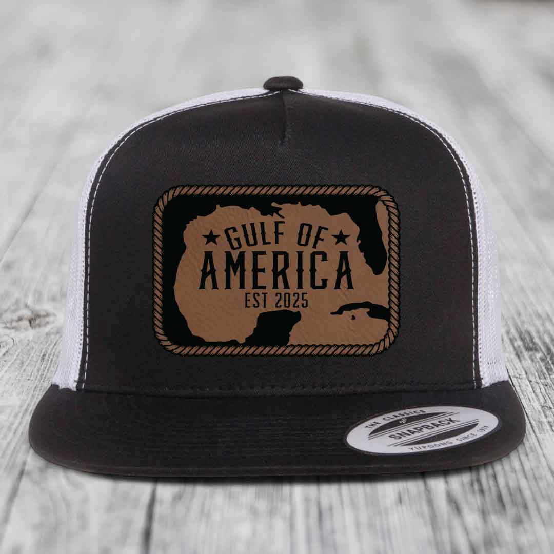 Gulf of America - Leather Patch Hat - Dark Brown to Black Patch - Yupoong 6006 Snapback Flatbill Hat