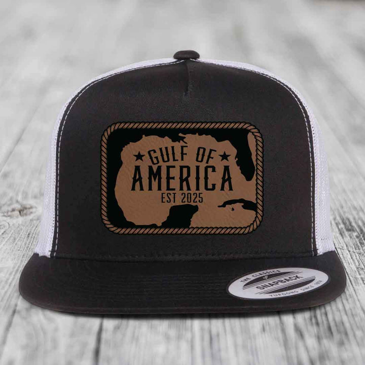 Gulf of America - Leather Patch Hat - Dark Brown to Black Patch - Yupoong 6006 Snapback Flatbill Hat