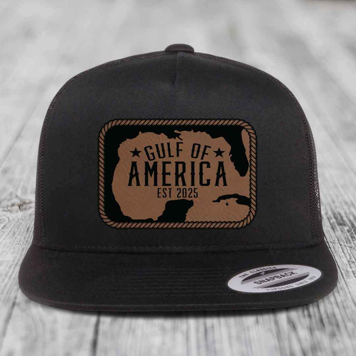 Gulf of America - Leather Patch Hat - Dark Brown to Black Patch - Yupoong 6006 Snapback Flatbill Hat