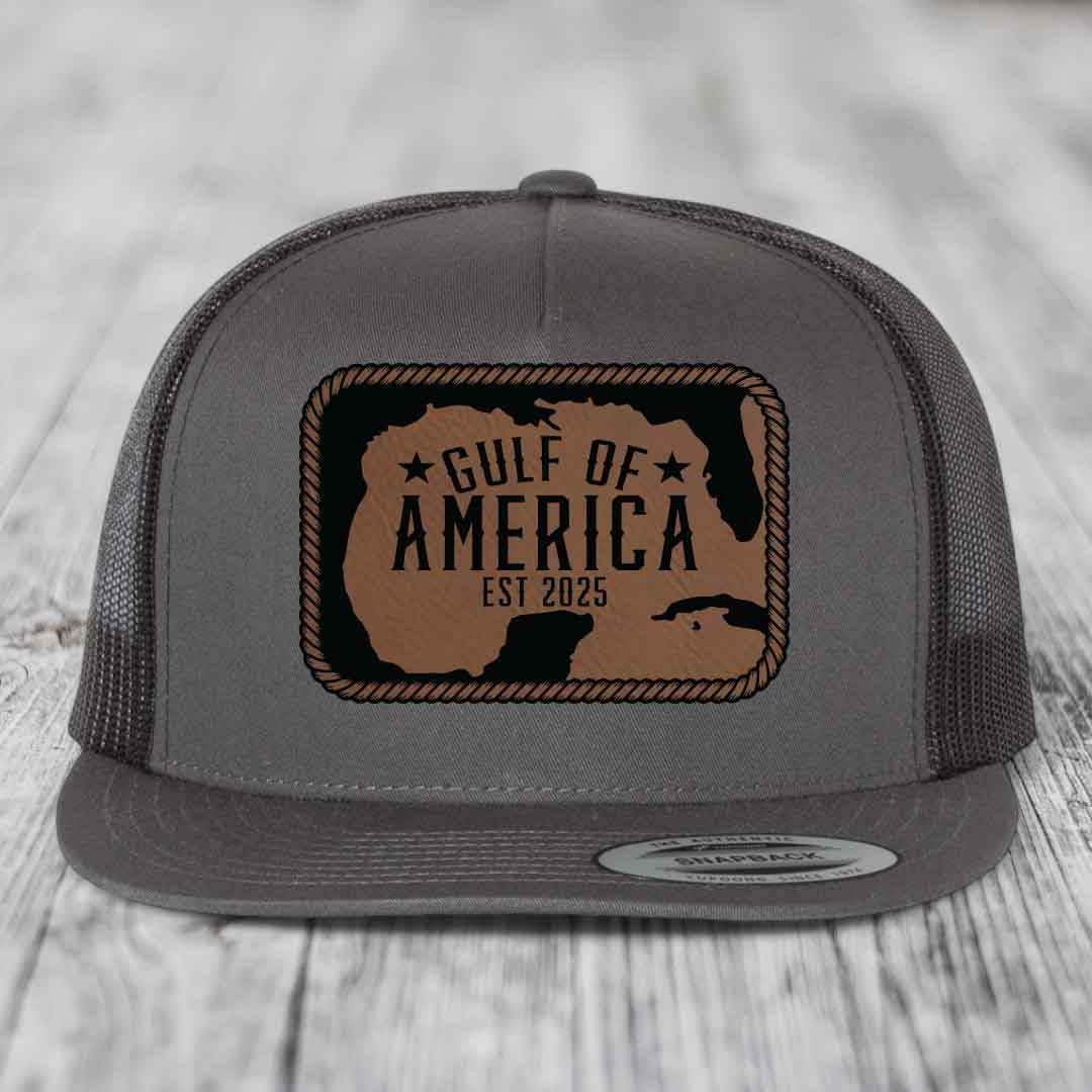 Gulf of America - Leather Patch Hat - Dark Brown to Black Patch - Yupoong 6006 Snapback Flatbill Hat