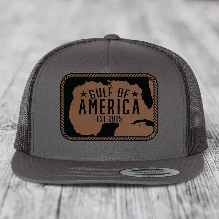Gulf of America - Leather Patch Hat - Dark Brown to Black Patch - Yupoong 6006 Snapback Flatbill Hat