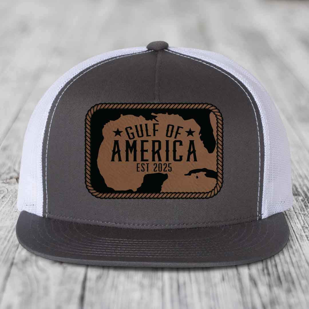 Gulf of America - Leather Patch Hat - Dark Brown to Black Patch - Yupoong 6006 Snapback Flatbill Hat