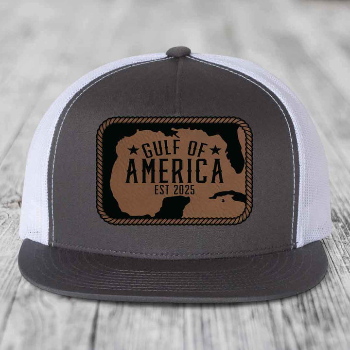 Gulf of America - Leather Patch Hat - Dark Brown to Black Patch - Yupoong 6006 Snapback Flatbill Hat