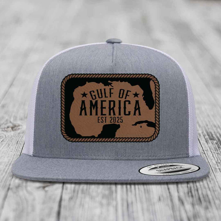 Gulf of America - Leather Patch Hat - Dark Brown to Black Patch - Yupoong 6006 Snapback Flatbill Hat