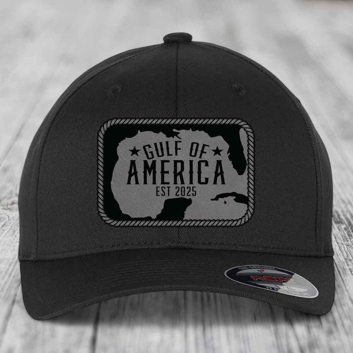 Gulf of America - Leather Patch Hat - Grey to Black Patch - Flexfit 6277 Fitted Hat