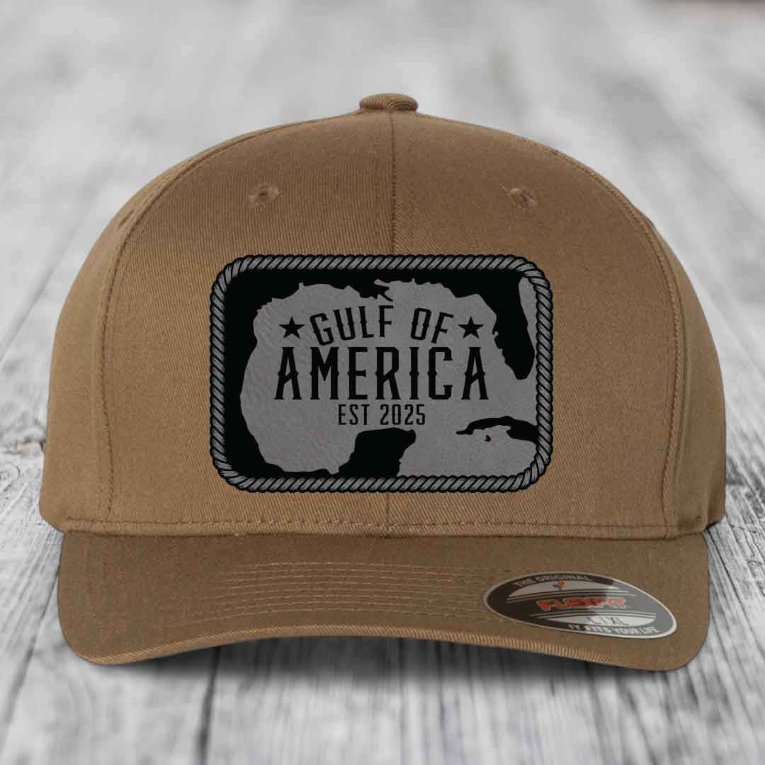Gulf of America - Leather Patch Hat - Grey to Black Patch - Flexfit 6277 Fitted Hat