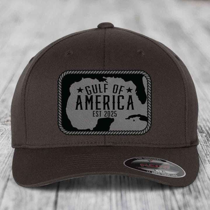 Gulf of America - Leather Patch Hat - Grey to Black Patch - Flexfit 6277 Fitted Hat