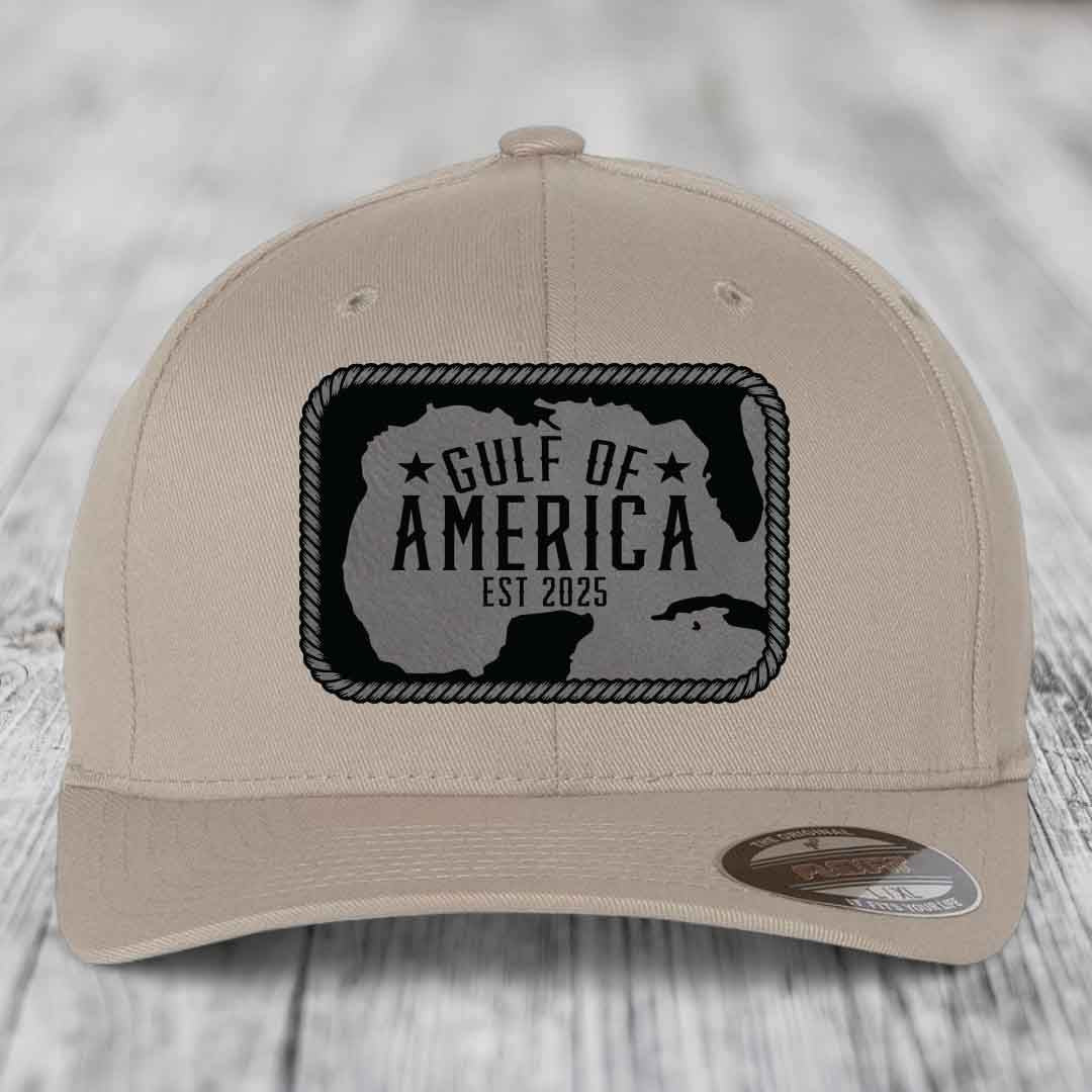 Gulf of America - Leather Patch Hat - Grey to Black Patch - Flexfit 6277 Fitted Hat