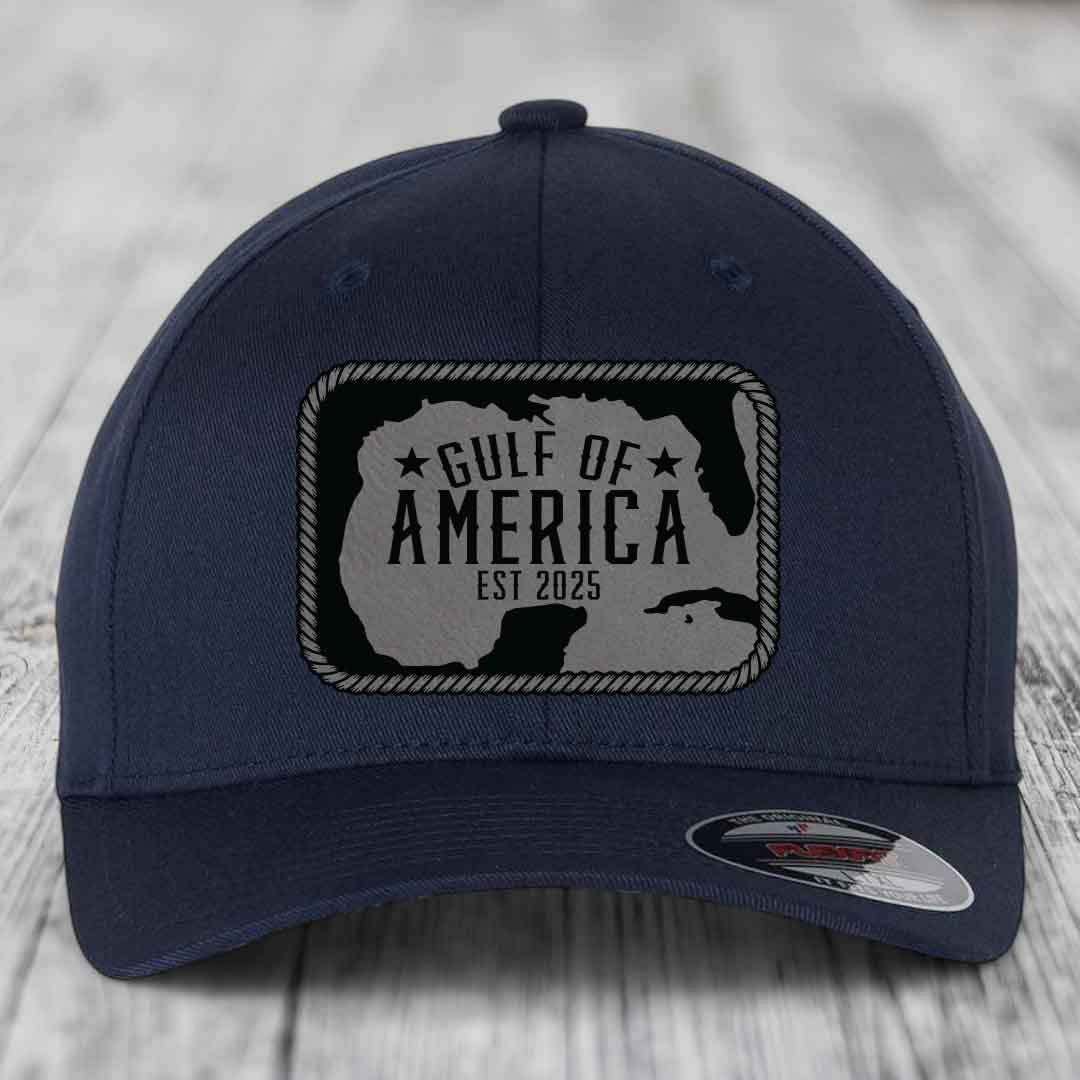 Gulf of America - Leather Patch Hat - Grey to Black Patch - Flexfit 6277 Fitted Hat