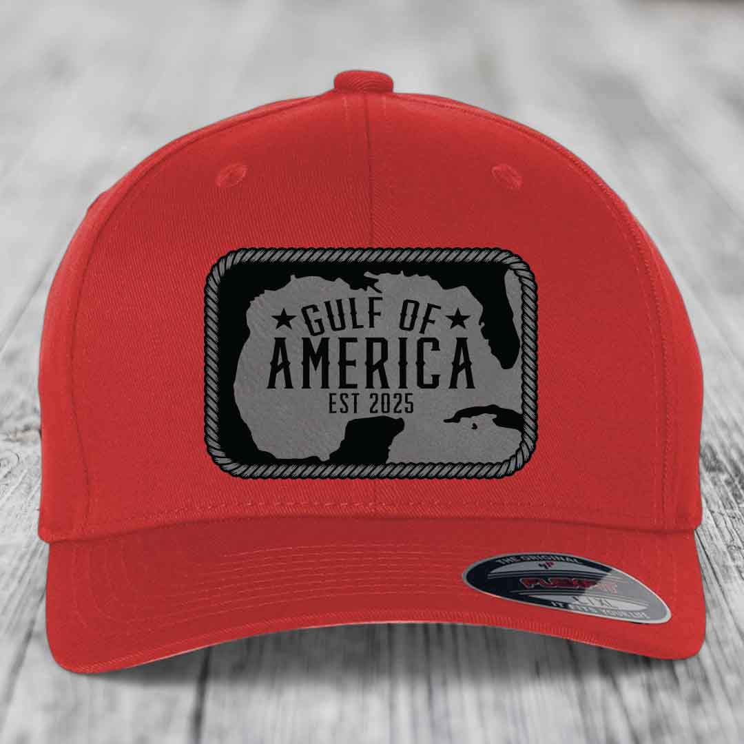 Gulf of America - Leather Patch Hat - Grey to Black Patch - Flexfit 6277 Fitted Hat
