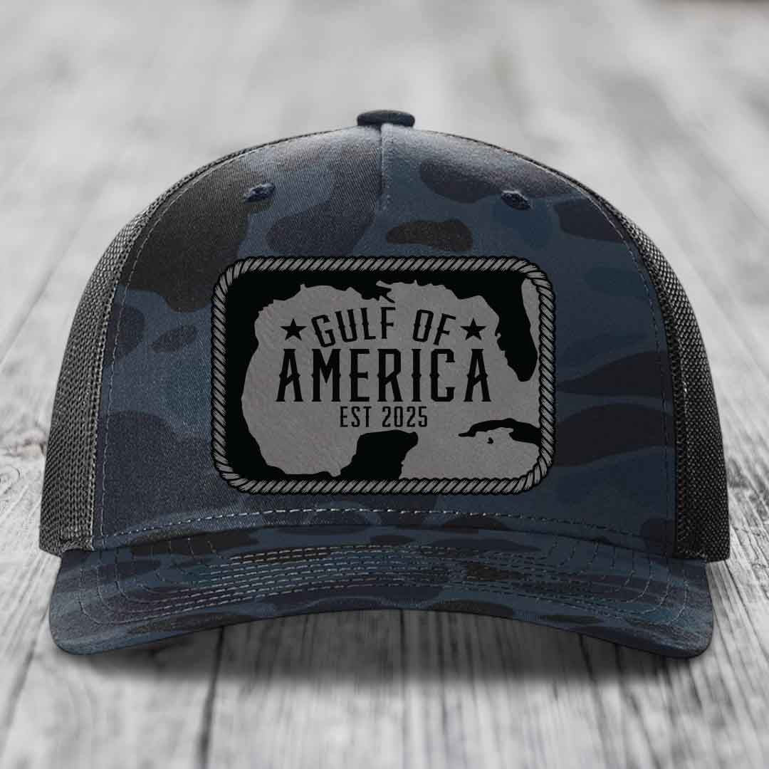 Gulf of America - Leather Patch Hat - Grey to Black Patch - Richardson 112PFP Snapback Trucker Hat