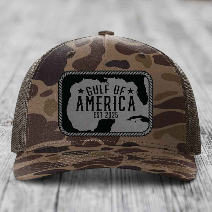 Gulf of America - Leather Patch Hat - Grey to Black Patch - Richardson 112PFP Snapback Trucker Hat