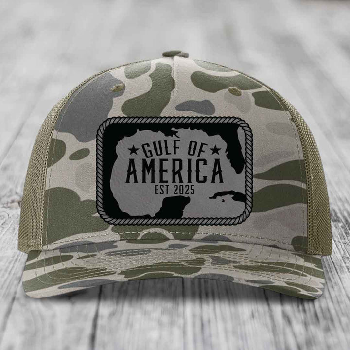 Gulf of America - Leather Patch Hat - Grey to Black Patch - Richardson 112PFP Snapback Trucker Hat