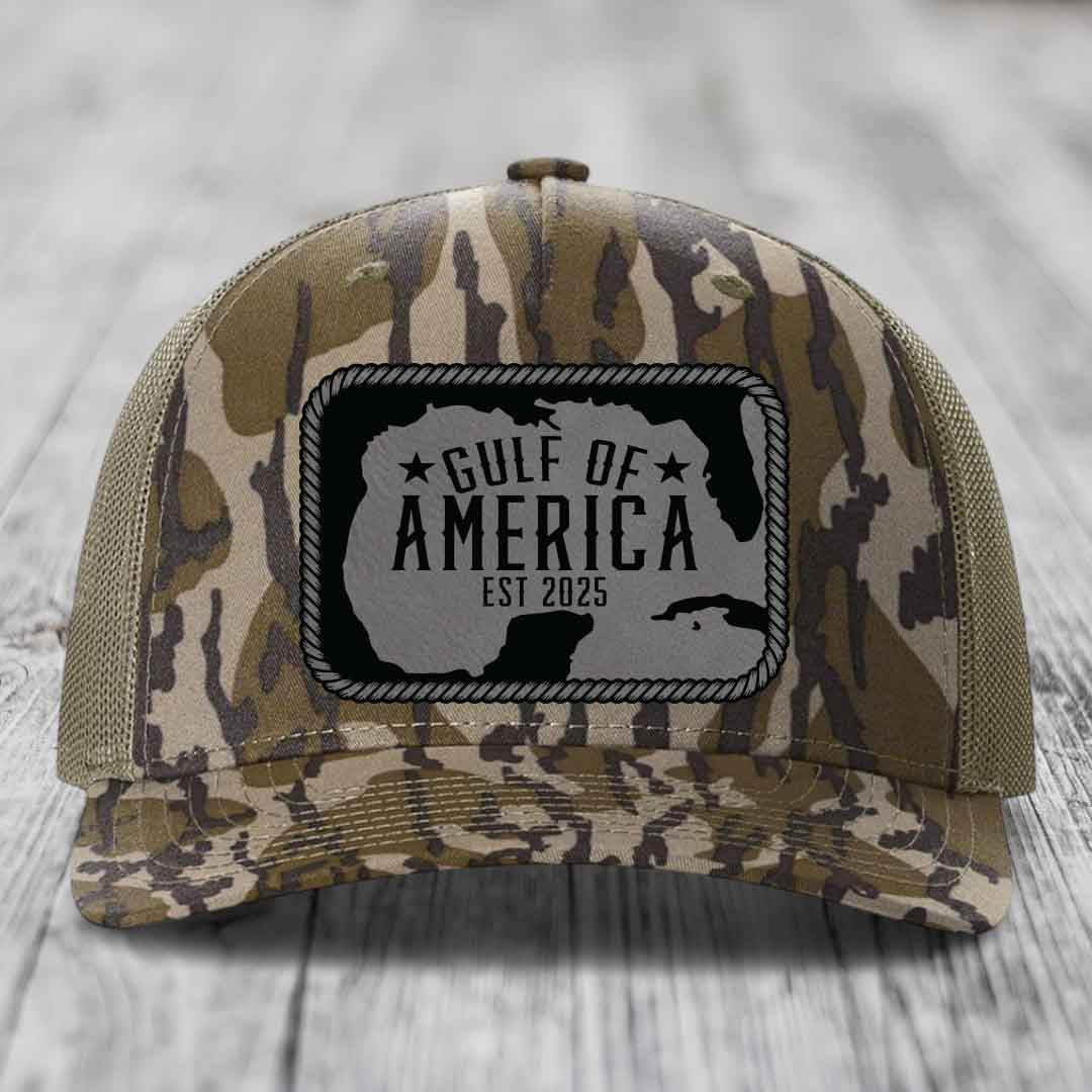 Gulf of America - Leather Patch Hat - Grey to Black Patch - Richardson 112PFP Snapback Trucker Hat