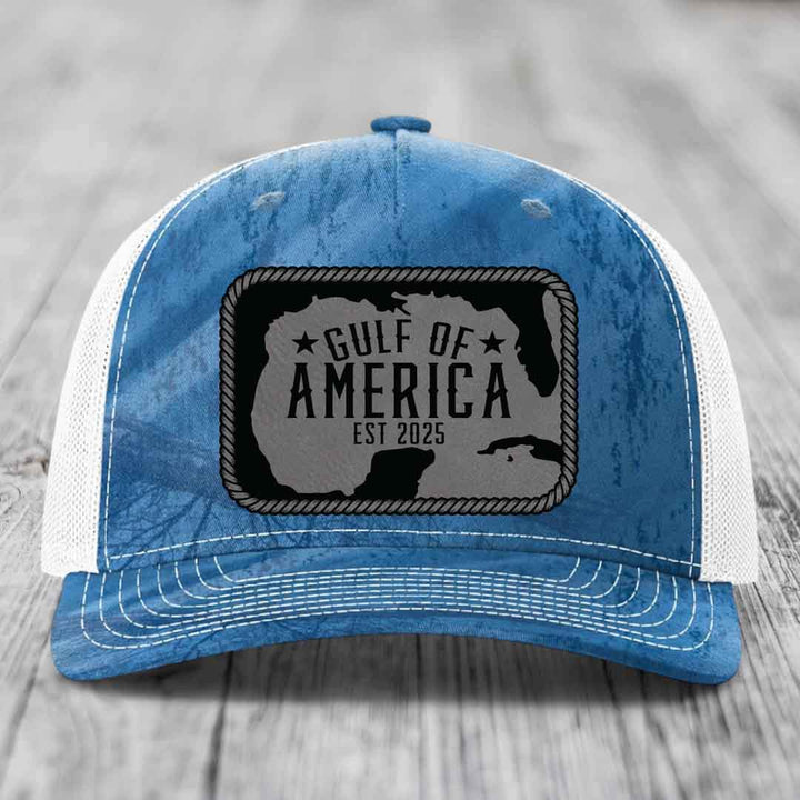 Gulf of America - Leather Patch Hat - Grey to Black Patch - Richardson 112PFP Snapback Trucker Hat