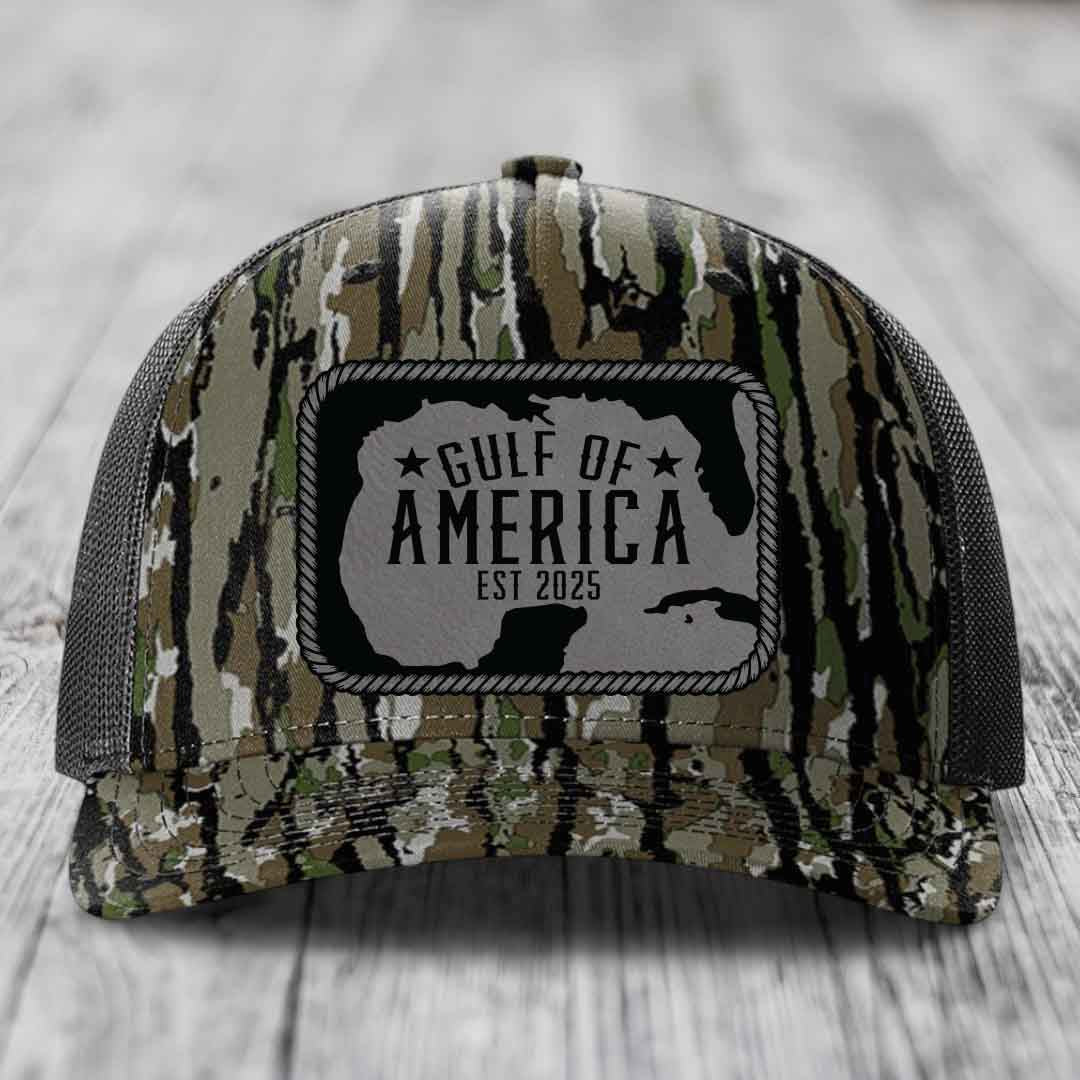 Gulf of America - Leather Patch Hat - Grey to Black Patch - Richardson 112PFP Snapback Trucker Hat