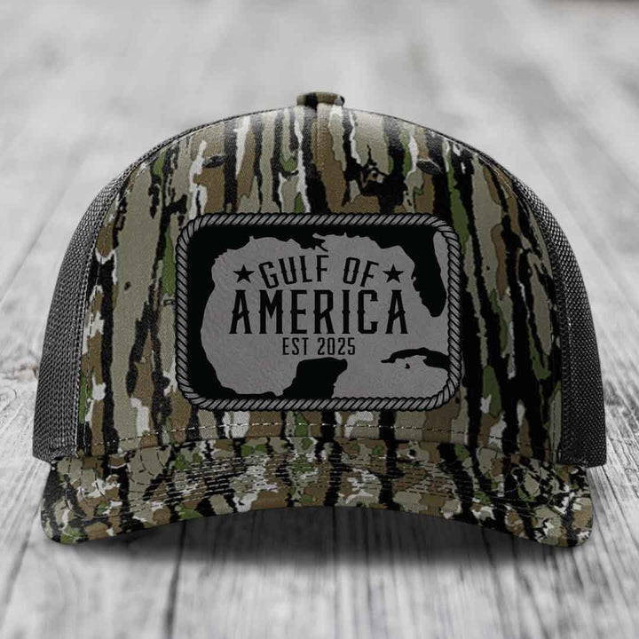 Gulf of America - Leather Patch Hat - Grey to Black Patch - Richardson 112PFP Snapback Trucker Hat