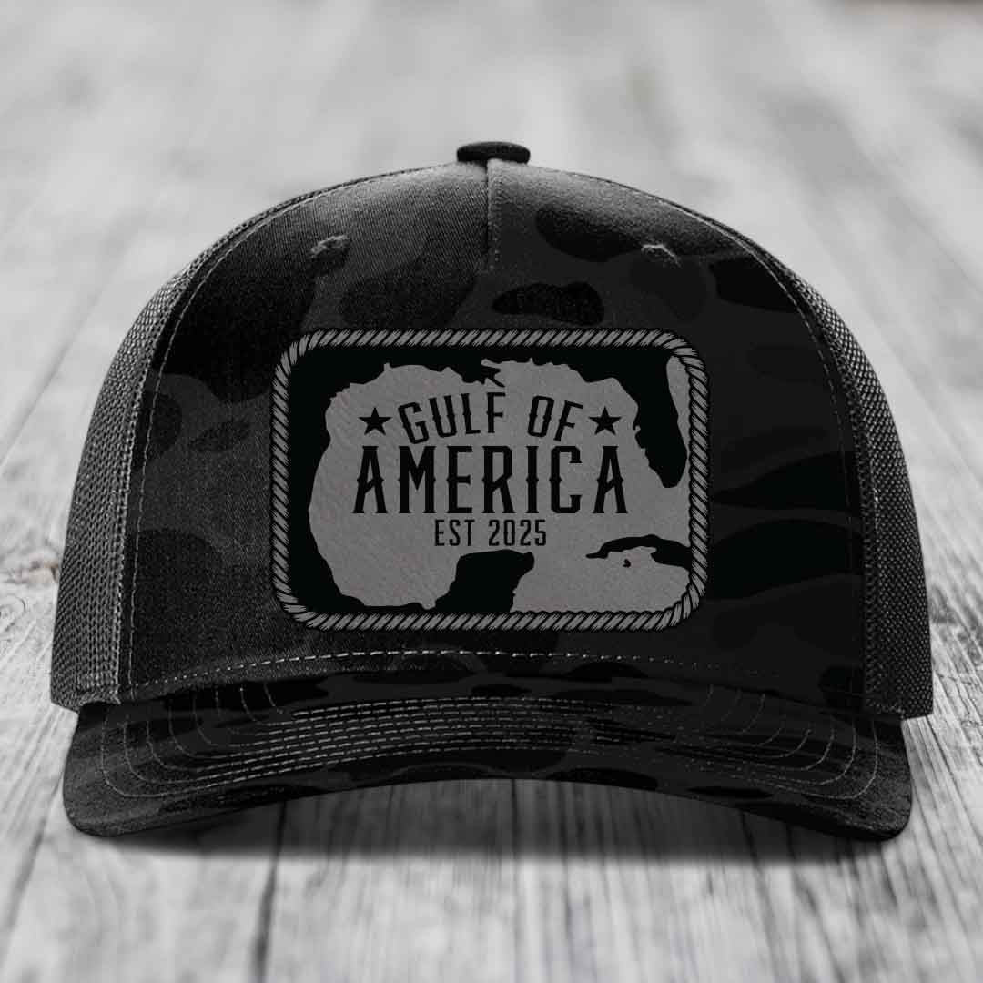 Gulf of America - Leather Patch Hat - Grey to Black Patch - Richardson 112PFP Snapback Trucker Hat