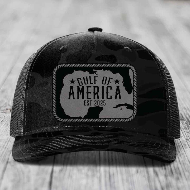 Gulf of America - Leather Patch Hat - Grey to Black Patch - Richardson 112PFP Snapback Trucker Hat