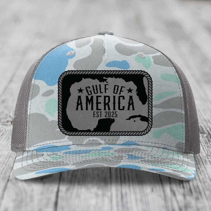 Gulf of America - Leather Patch Hat - Grey to Black Patch - Richardson 112PFP Snapback Trucker Hat