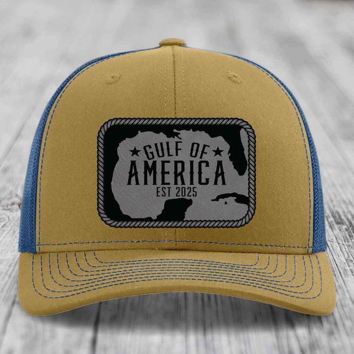 Gulf of America - Leather Patch Hat - Grey to Black Patch - Richardson 112 Snapback Trucker Hat