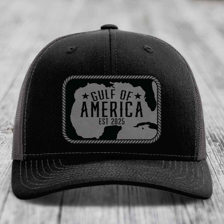 Gulf of America - Leather Patch Hat - Grey to Black Patch - Richardson 112 Snapback Trucker Hat