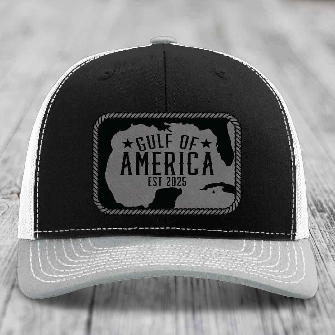 Gulf of America - Leather Patch Hat - Grey to Black Patch - Richardson 112 Snapback Trucker Hat