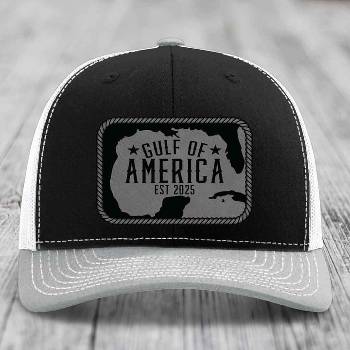Gulf of America - Leather Patch Hat - Grey to Black Patch - Richardson 112 Snapback Trucker Hat