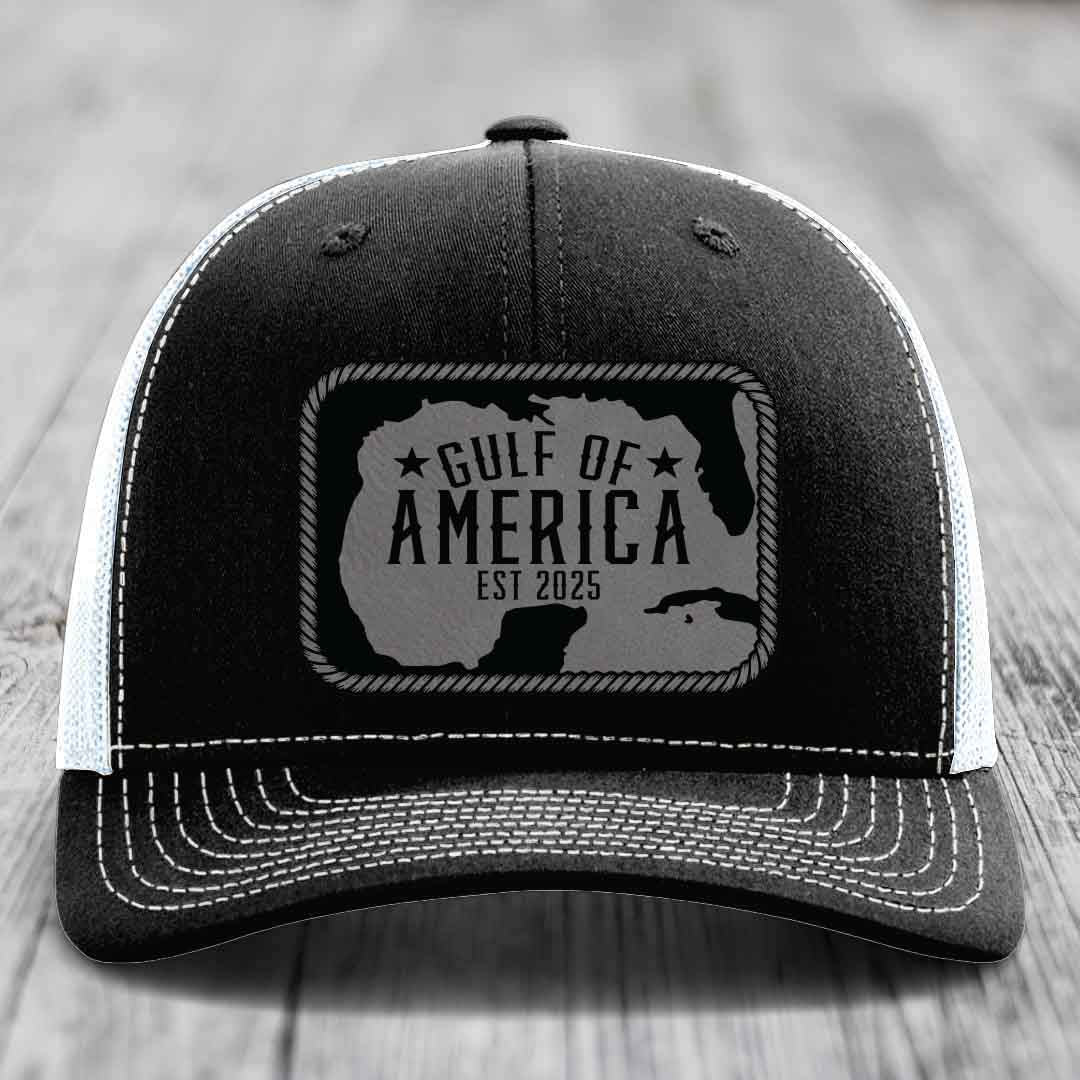 Gulf of America - Leather Patch Hat - Grey to Black Patch - Richardson 112 Snapback Trucker Hat