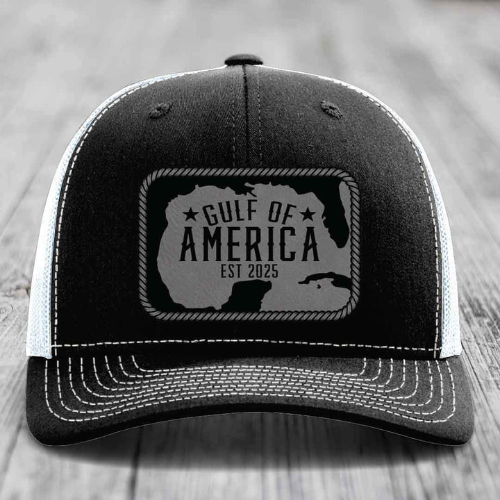 Gulf of America - Leather Patch Hat - Grey to Black Patch - Richardson 112 Snapback Trucker Hat