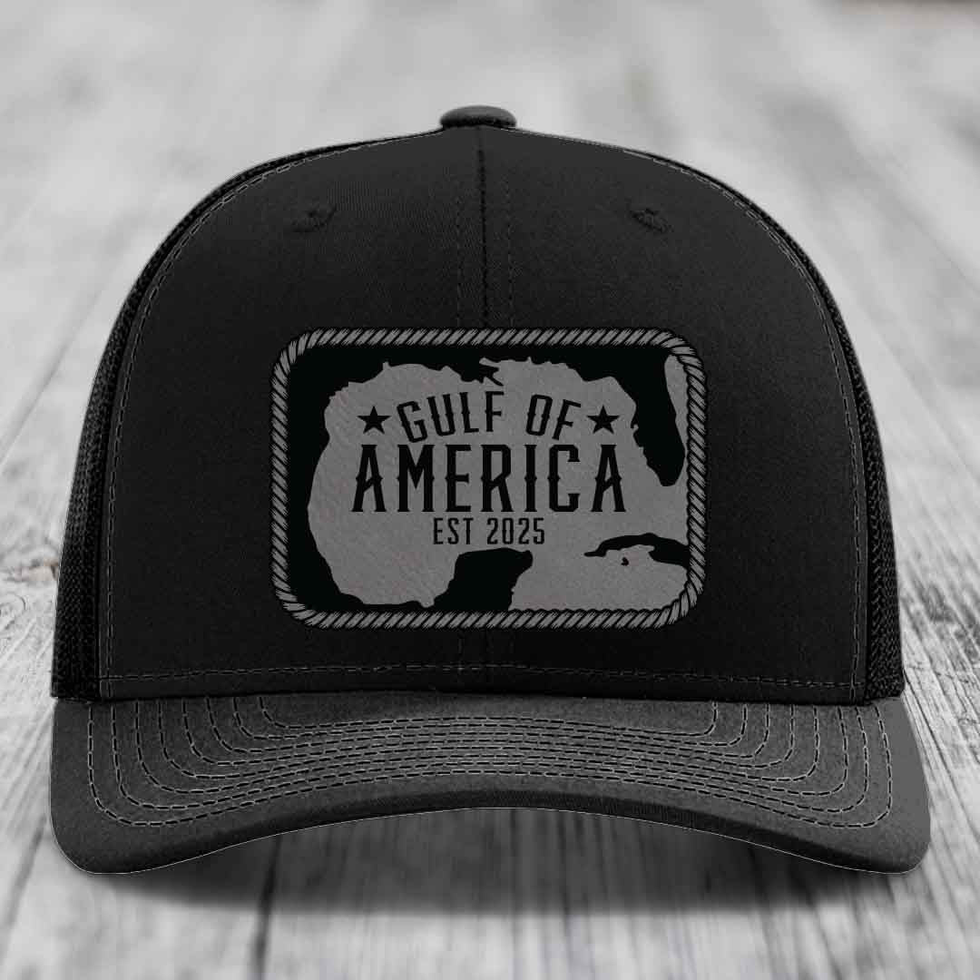 Gulf of America - Leather Patch Hat - Grey to Black Patch - Richardson 112 Snapback Trucker Hat