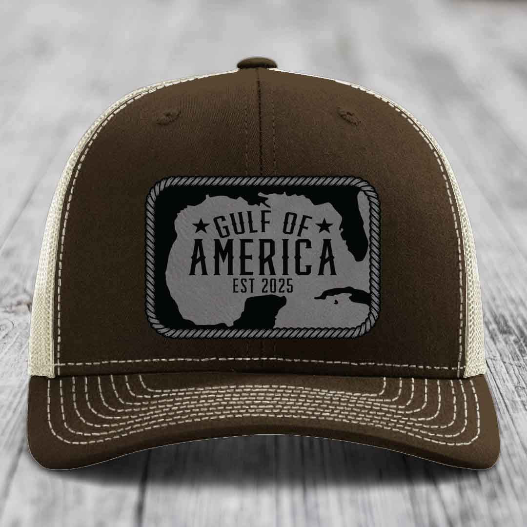 Gulf of America - Leather Patch Hat - Grey to Black Patch - Richardson 112 Snapback Trucker Hat