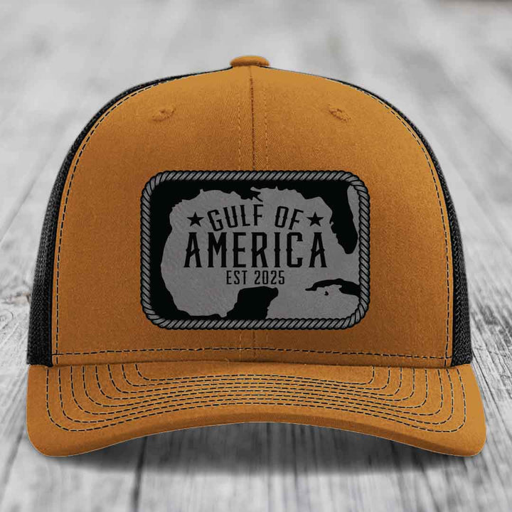 Gulf of America - Leather Patch Hat - Grey to Black Patch - Richardson 112 Snapback Trucker Hat