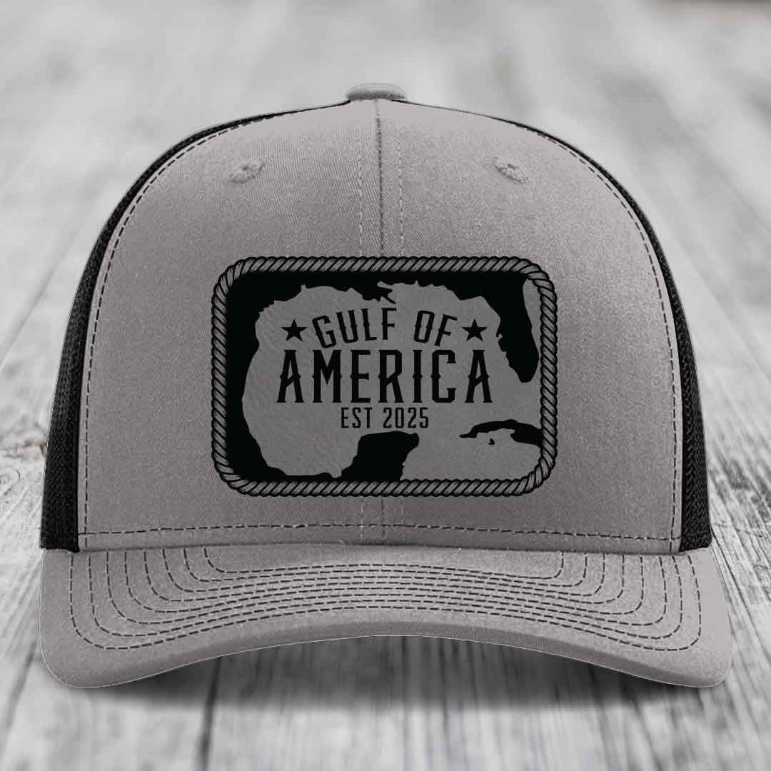 Gulf of America - Leather Patch Hat - Grey to Black Patch - Richardson 112 Snapback Trucker Hat