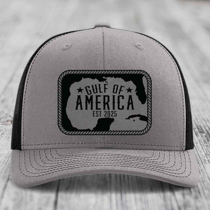 Gulf of America - Leather Patch Hat - Grey to Black Patch - Richardson 112 Snapback Trucker Hat