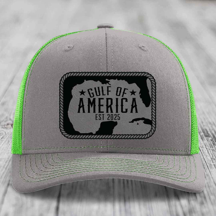 Gulf of America - Leather Patch Hat - Grey to Black Patch - Richardson 112 Snapback Trucker Hat