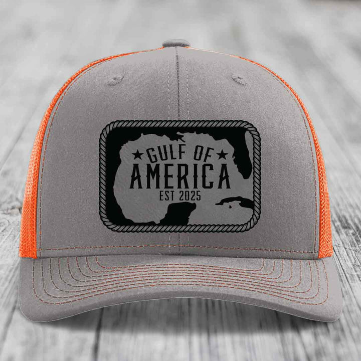 Gulf of America - Leather Patch Hat - Grey to Black Patch - Richardson 112 Snapback Trucker Hat