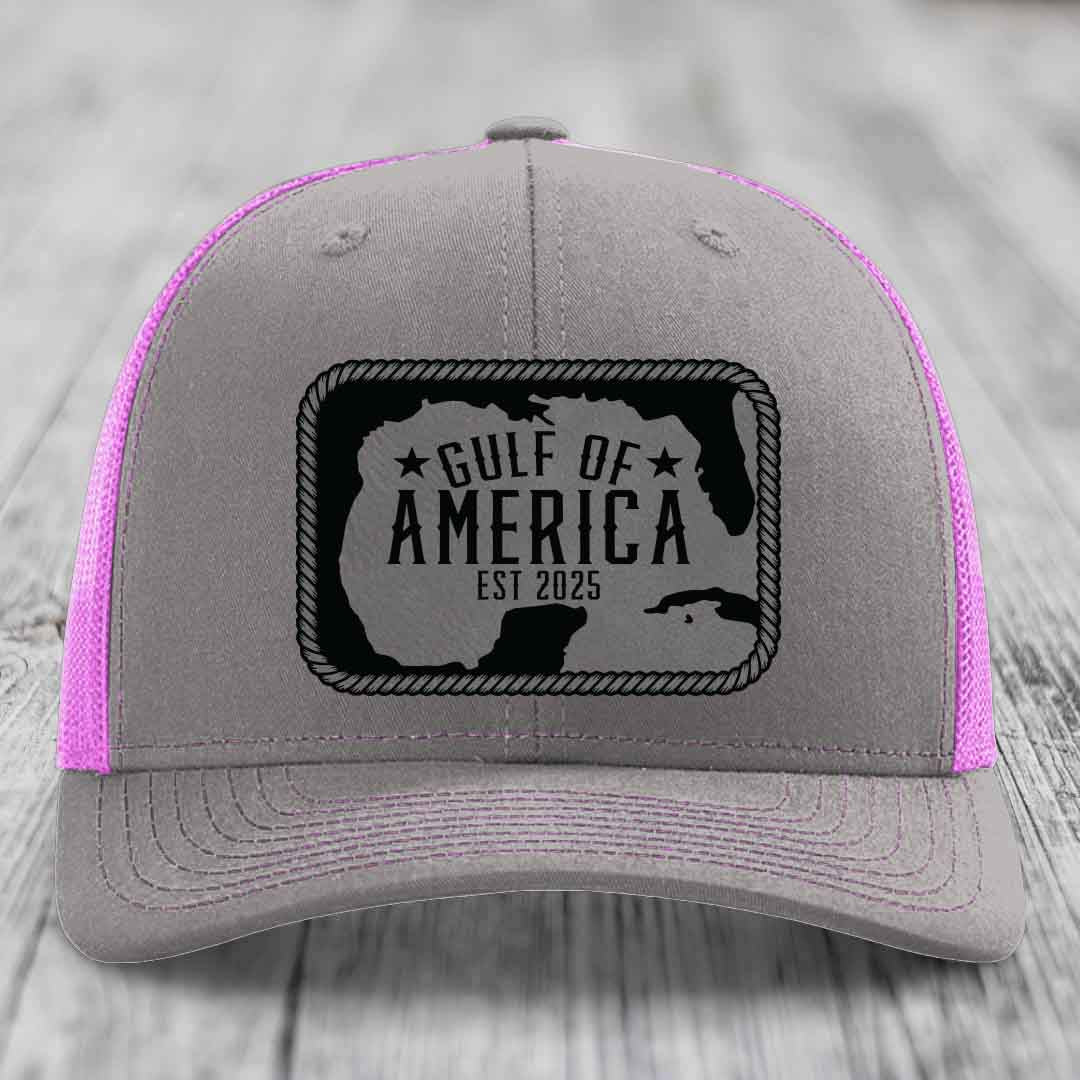 Gulf of America - Leather Patch Hat - Grey to Black Patch - Richardson 112 Snapback Trucker Hat