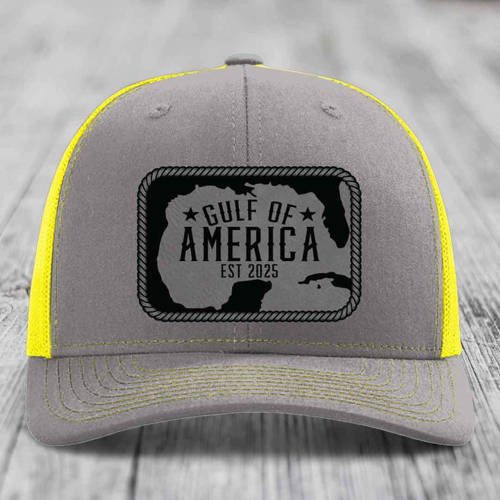 Gulf of America - Leather Patch Hat - Grey to Black Patch - Richardson 112 Snapback Trucker Hat