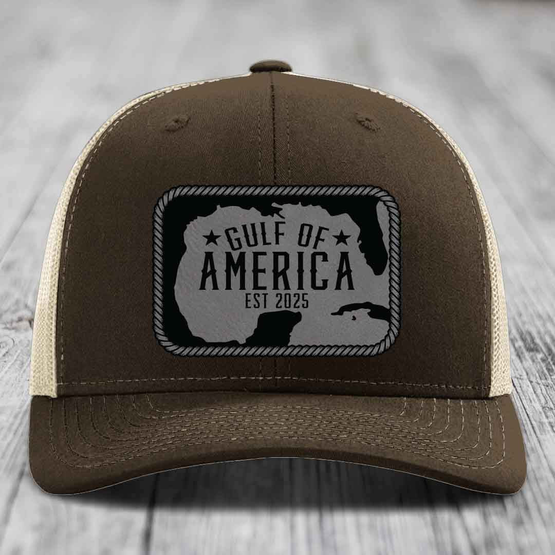 Gulf of America - Leather Patch Hat - Grey to Black Patch - Richardson 112 Snapback Trucker Hat