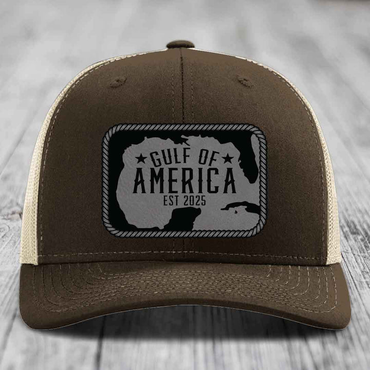 Gulf of America - Leather Patch Hat - Grey to Black Patch - Richardson 112 Snapback Trucker Hat
