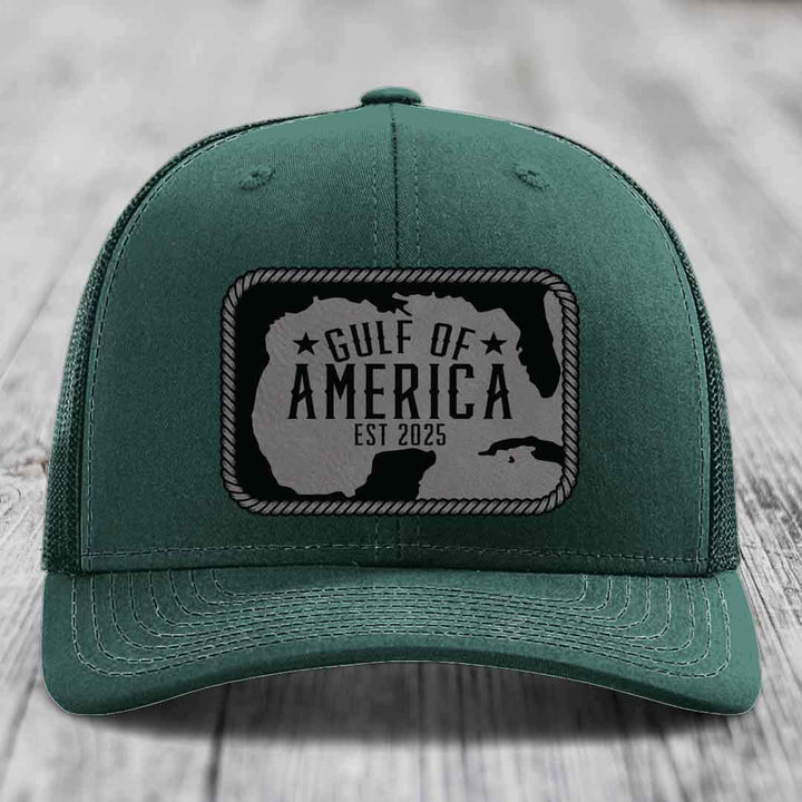 Gulf of America - Leather Patch Hat - Grey to Black Patch - Richardson 112 Snapback Trucker Hat