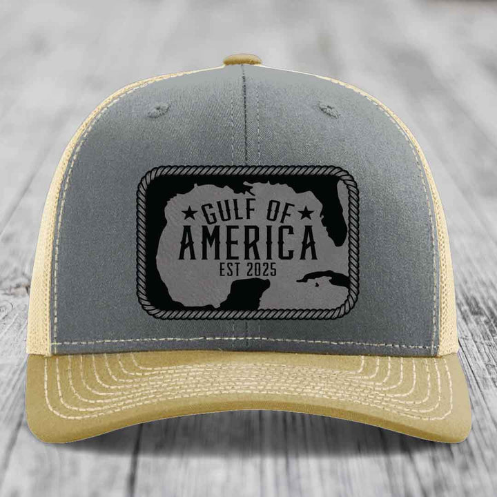 Gulf of America - Leather Patch Hat - Grey to Black Patch - Richardson 112 Snapback Trucker Hat