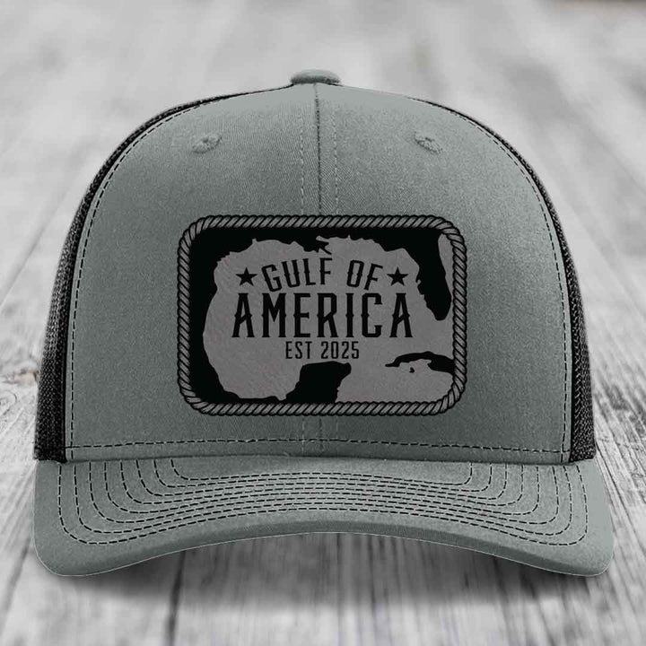 Gulf of America - Leather Patch Hat - Grey to Black Patch - Richardson 112 Snapback Trucker Hat