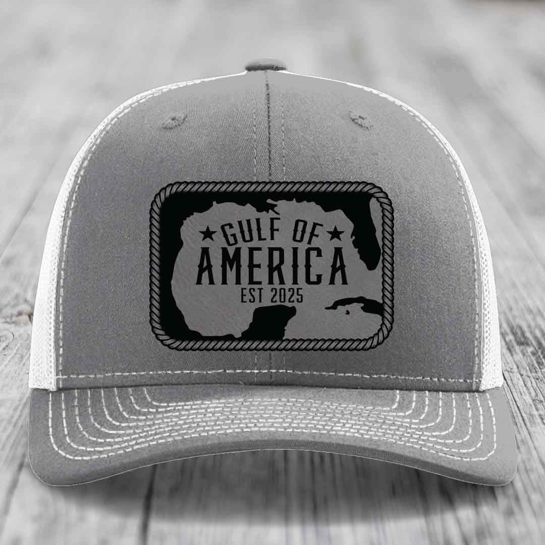 Gulf of America - Leather Patch Hat - Grey to Black Patch - Richardson 112 Snapback Trucker Hat